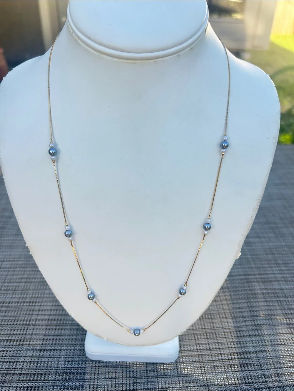 Vintage Avon Gold Tone Blue Gray Faux Pearl Station necklace